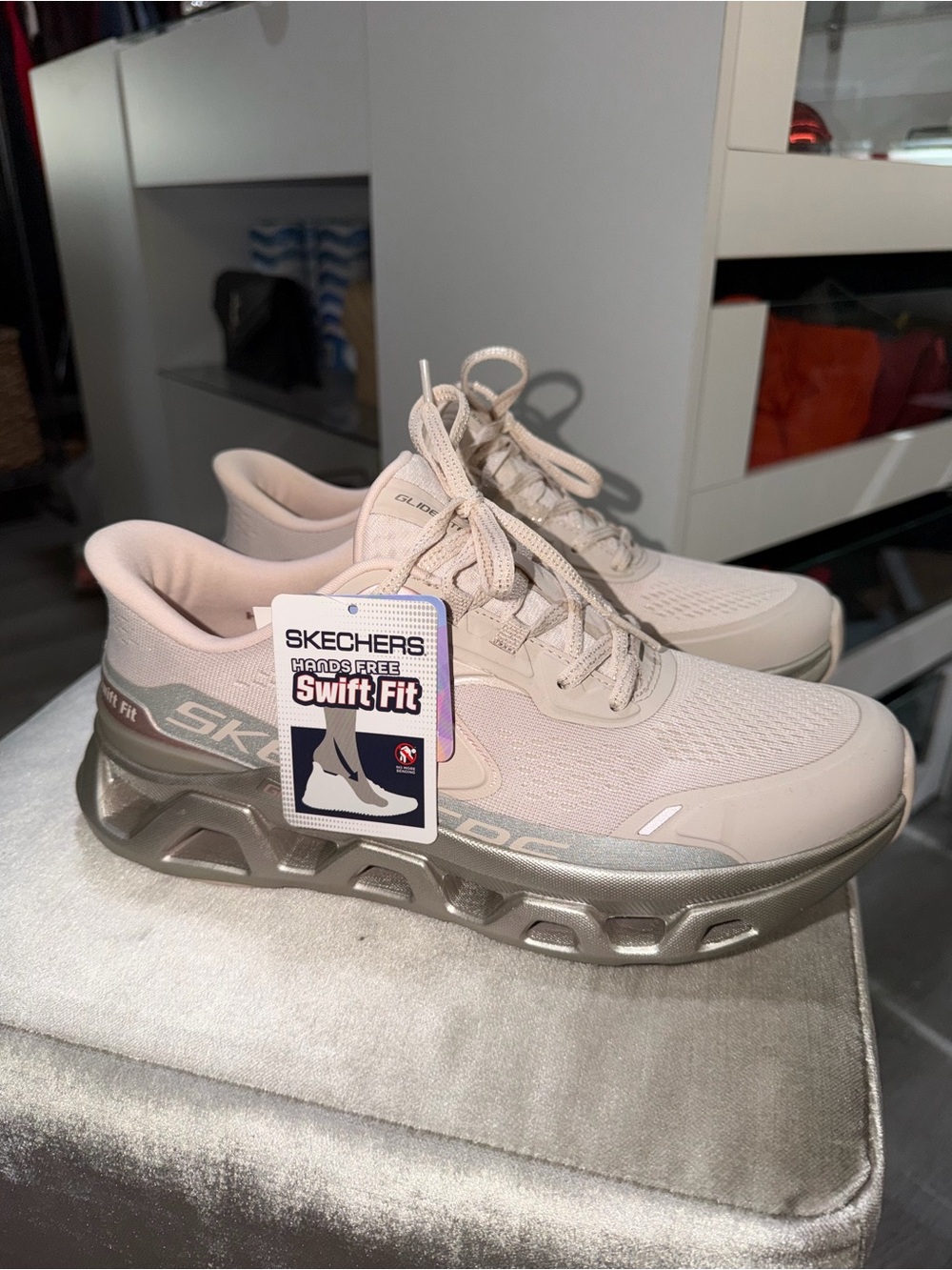 Skechers Swift Fit Women's Pale Pink Mesh Sneakers with Silver Sole